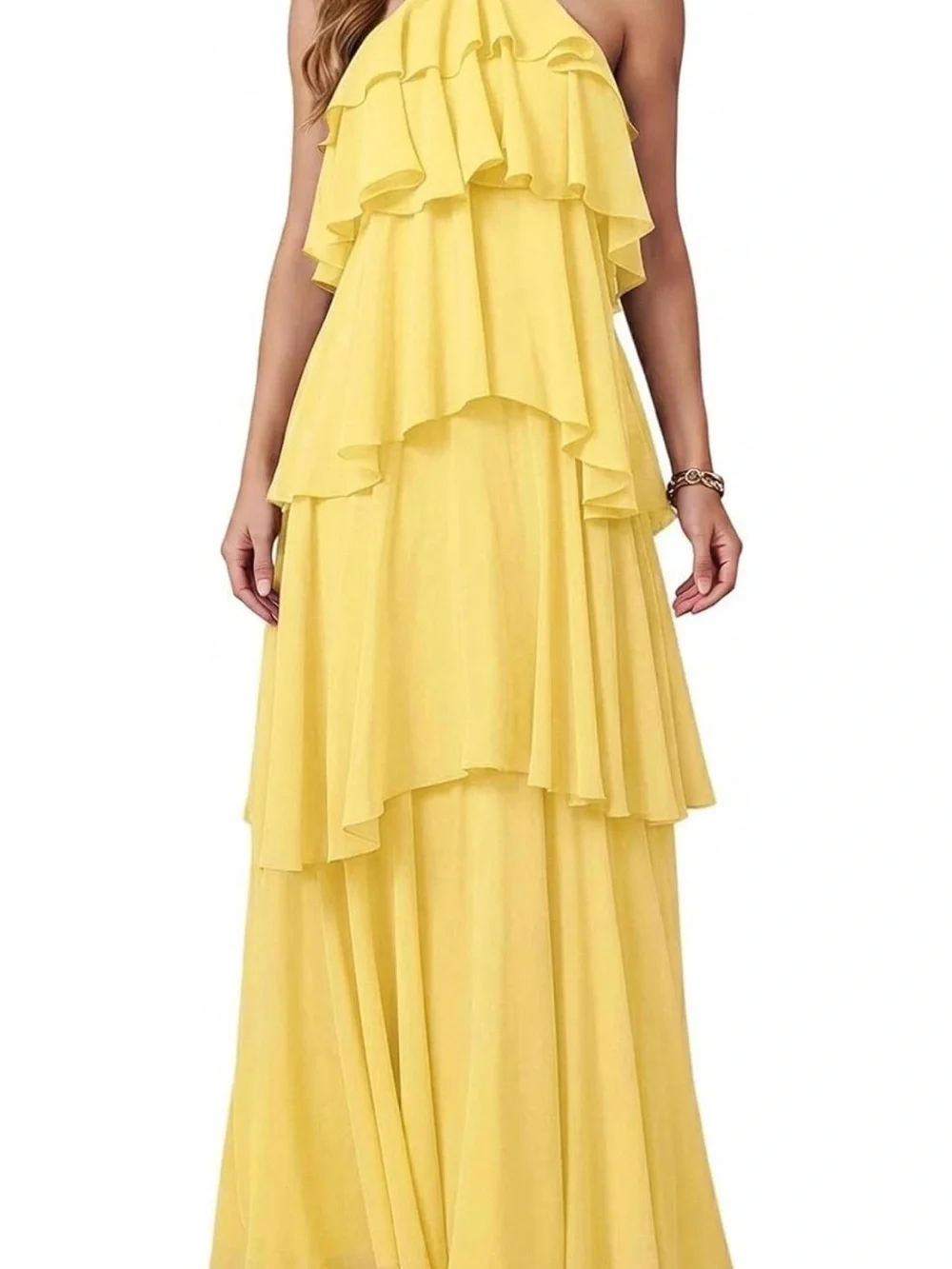 Yellow Tiered Ruffle Halter Maxi Dress - Women's